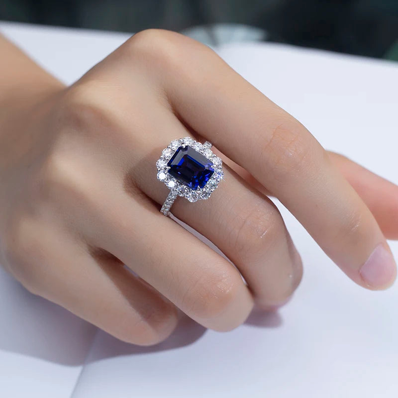 Messi Jewelry MSR-1394 925 Silver 9k Gold Emerald Cut Lab Grown Sapphire Ring for Wedding