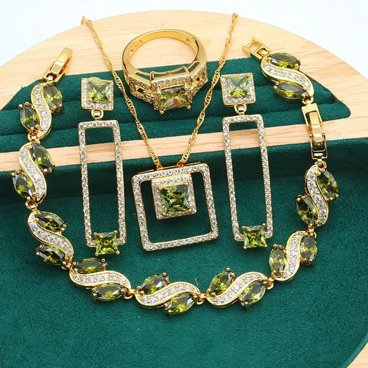 Women's Gold Jewelry Set with Zircon Includes Bracelet Earrings Necklace Pendant Ring for Wedding Party or Engagement