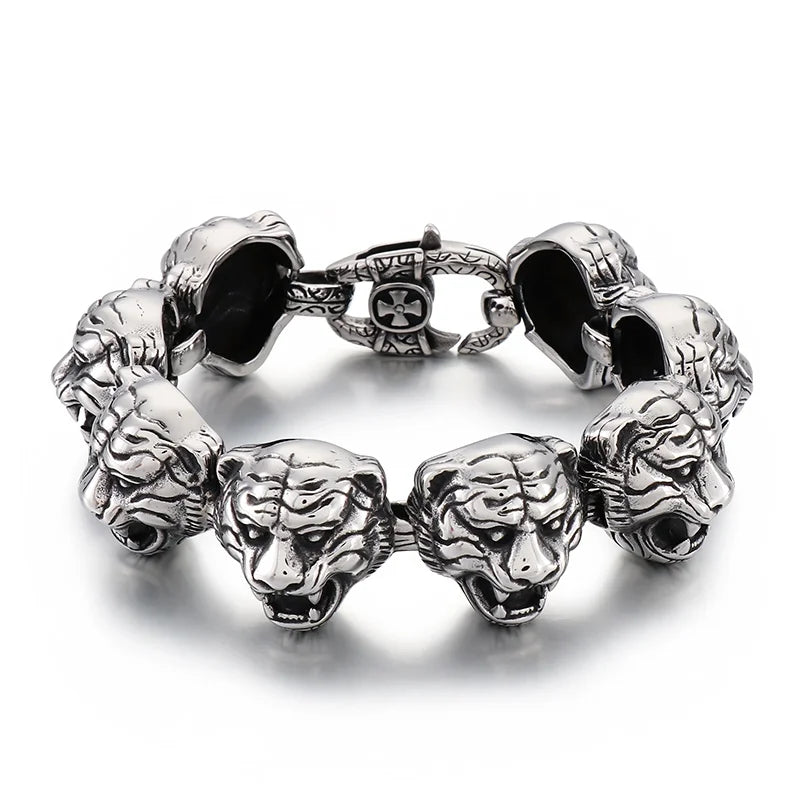 VIKING Mens Punk Tiger Zodiac Beaded Bracelet – Stainless Steel