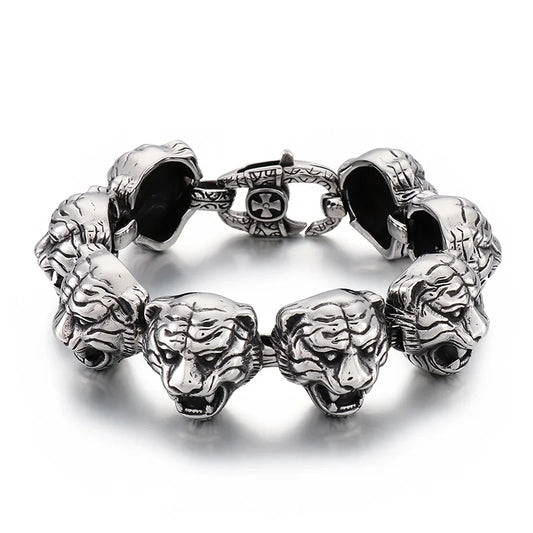 Viking Tiger Zodiac Beaded Bracelet – Stainless Steel | Men's Hip Hop Punk Bangle