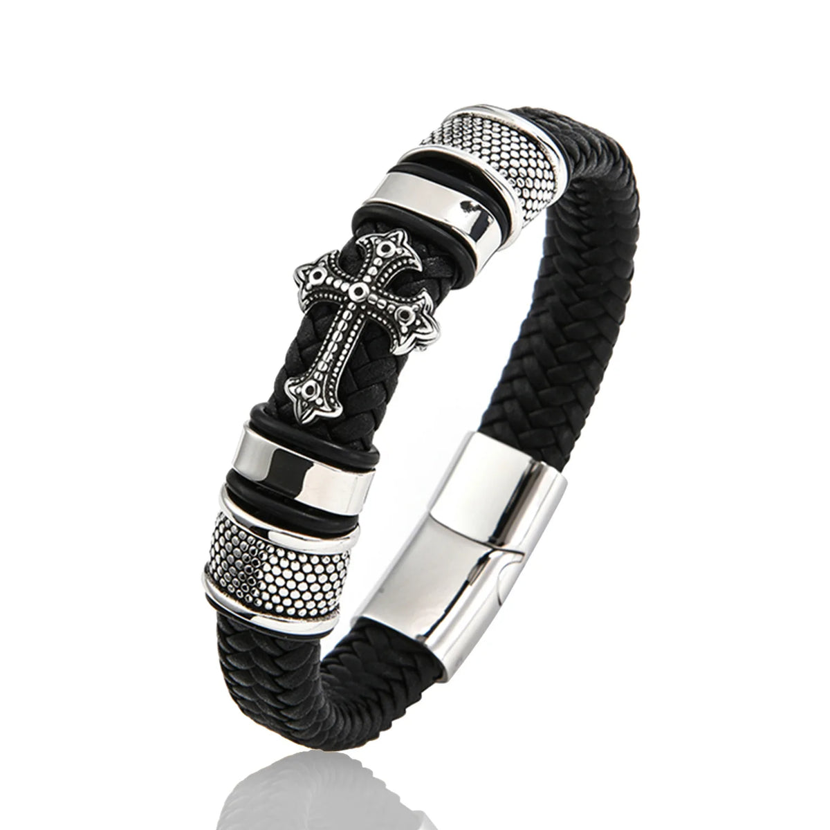 REBEL FASHIONISTA New Titanium Steel Cross Leather Braided Bracelet Magnetic Buckle Men's Leather Bracelet