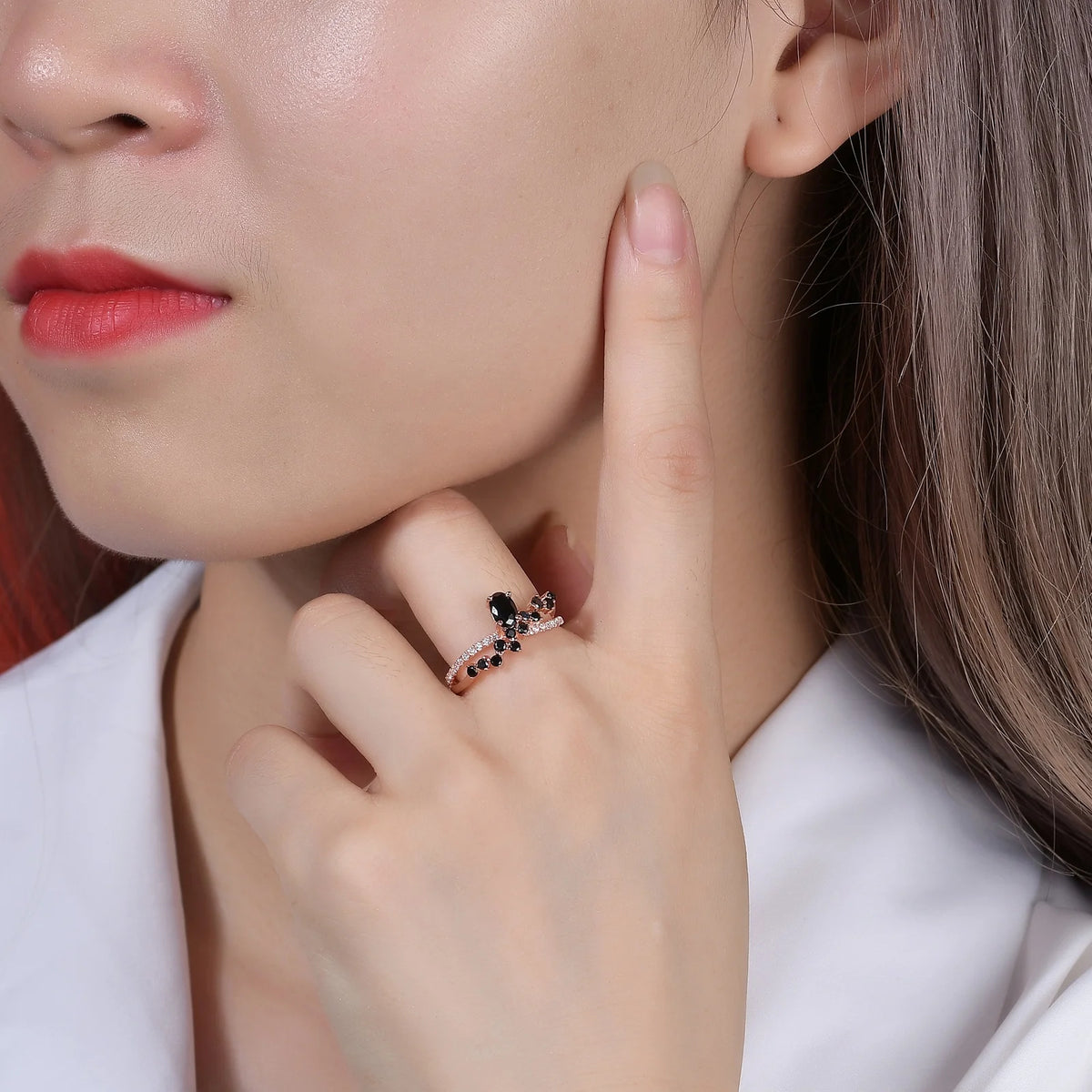 Gemfiori Abiding Yellow Rose Gold Plated White & Black Cubic Zirconia 925 Sterling Silver Lab Grown Pink Sapphire Jewelry Ring
