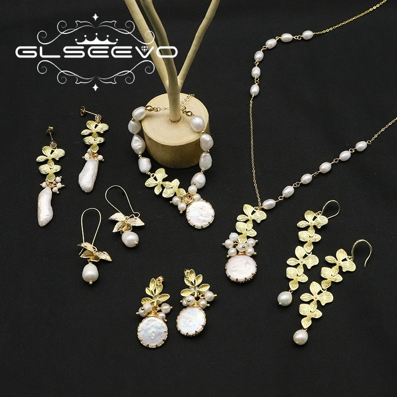 GLSEEVO Natural Freshwater Baroque Pearl & Gold Flower Leaves Jewellery Set — Necklace, Earrings & Bracelet