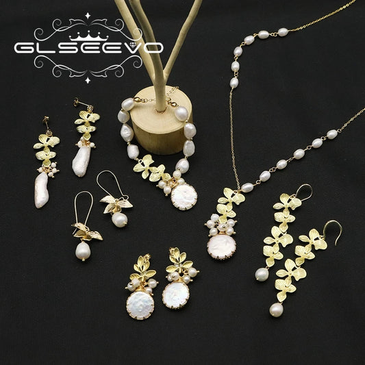 GLSEEVO Natural Freshwater Baroque Pearl & Gold Flower Leaves Jewellery Set — Necklace, Earrings & Bracelet