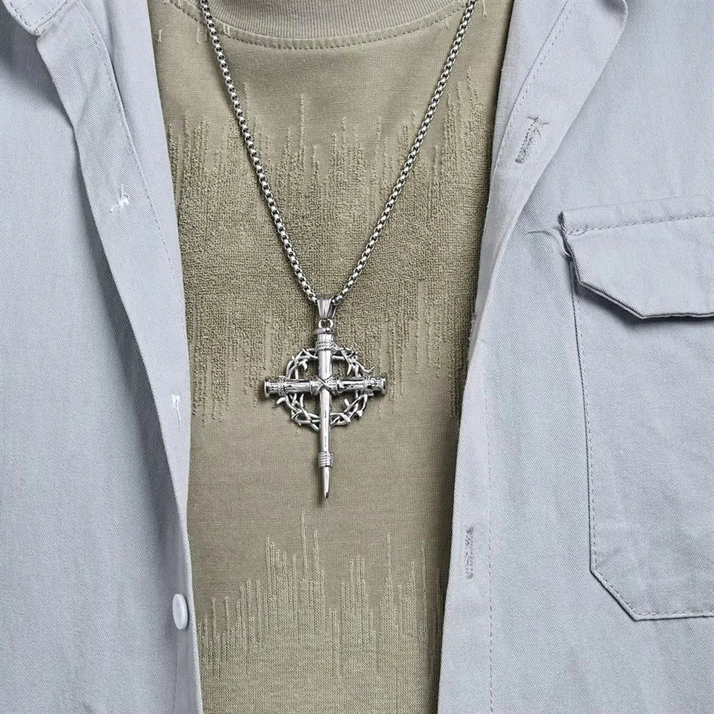 Thorn Wreath Cross Religious Anti Non Tarnish WaterProof Stainless Steel Fashion Jewelry Pendant Necklaces for Men Wholesale