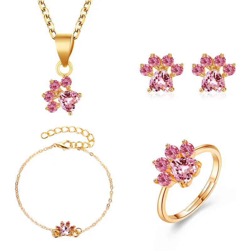 REDheart 4Pcs/Set Pink Crystal Bear Paw Cat Claw Wedding Jewelry Set Women Necklace Bracelet Ring Earrings