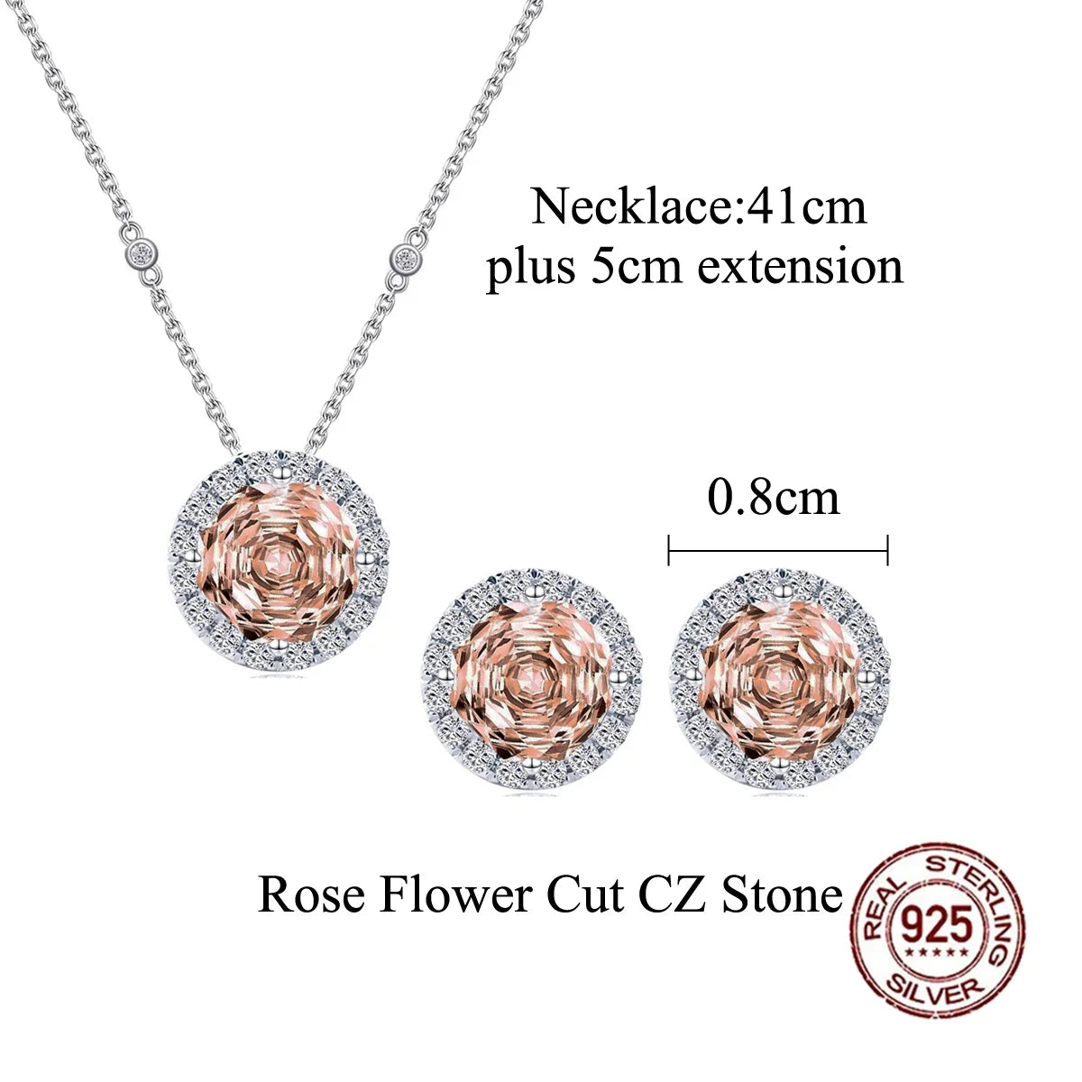 Luxurious S925 Silver Champagne Rose Flower Cut Cubic Zircon Round Design Necklace and Earring Jewelry Set for Girls Party Gifts