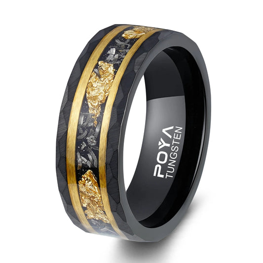 REBEL POYA Meteorite Gold Leaf Wedding Band 8mm Hammered Mens Black Unique Tungsten Engagement Rings