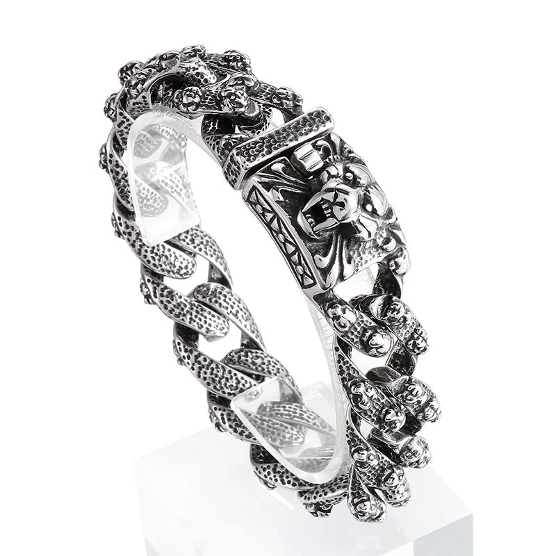 VIKING Snake & Tiger Pattern Link Bracelet – 17mm Silver Stainless Steel