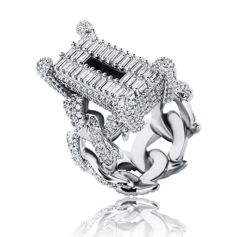 Hip Hop Thorn Spike Wide Ring Plated 14k Gold Ladder Square Zirconium Full Set Rap Stage Trendy Men's Accessories Wholesale