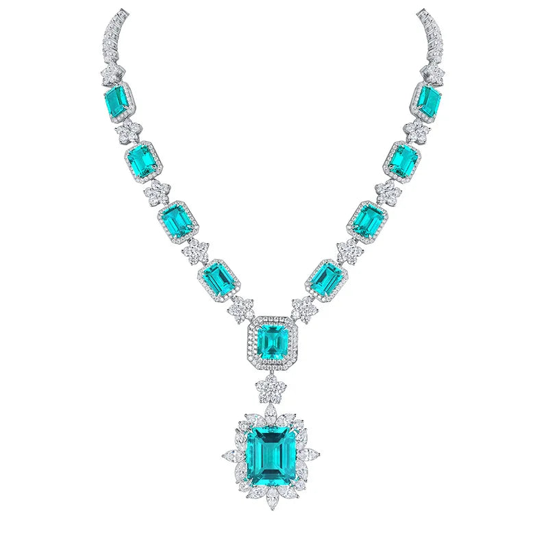 S&S Lab-Grown Gemstone Geometric Statement Necklace – Emerald & Paraiba – 925 Silver – Collection