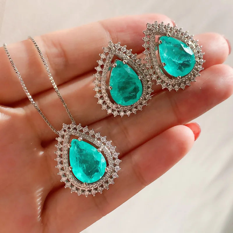 Fashion Eco-friendly Copper 10*14mm Paraiba Zircon Classic Teardrop Pendant Earrings Set Water Drop Jewelry Set for Party