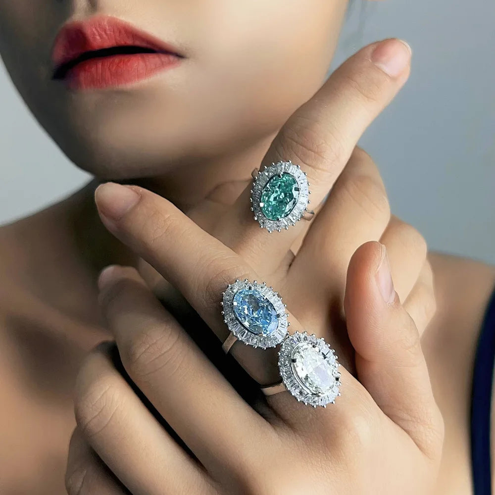 MuShan Jewelry Factory 6.5ct Female Lead Shape 8 * 12 High Carbon Diamond Ice Flower Cut Paraiba Green 925 Sterling Silver Ring