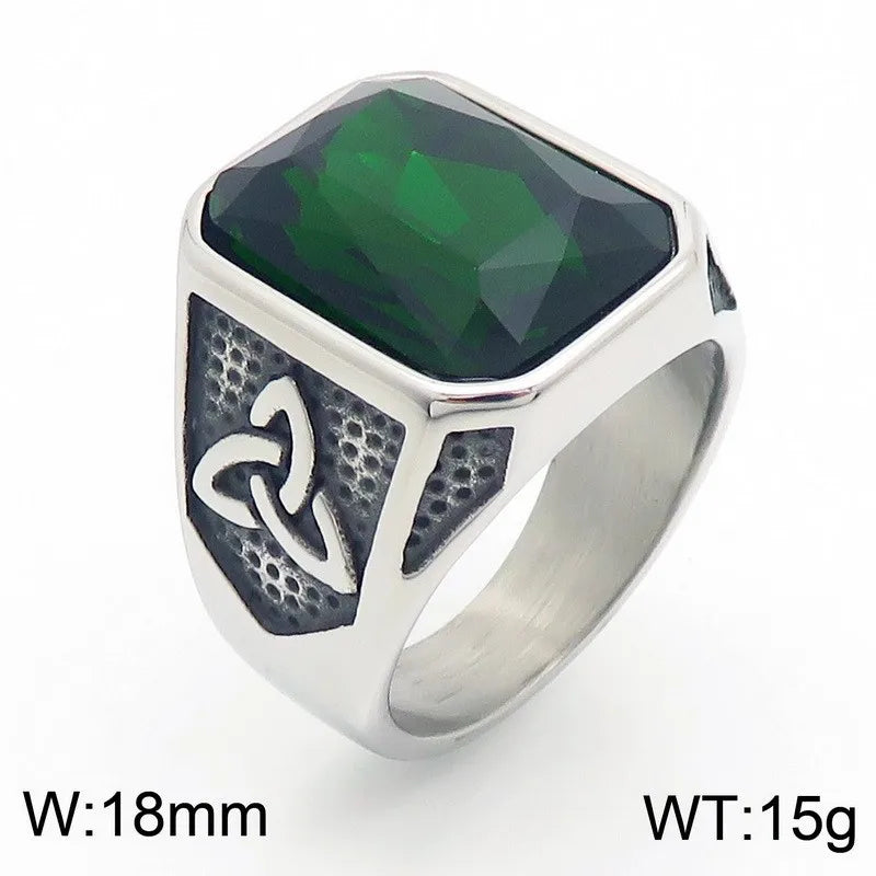 Kalen Vintage Viking Jewelry Luxury Court Style Gemstone Carved Zircon Inlays Stainless Steel Men Rings