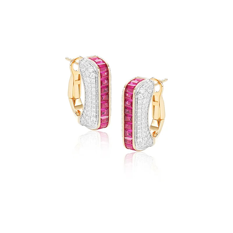 S&S High End Gold-plated Earrings Rings Bracelets Set Paired with square Red Gemstone Fashionable Couple Wedding Matching Jewelry
