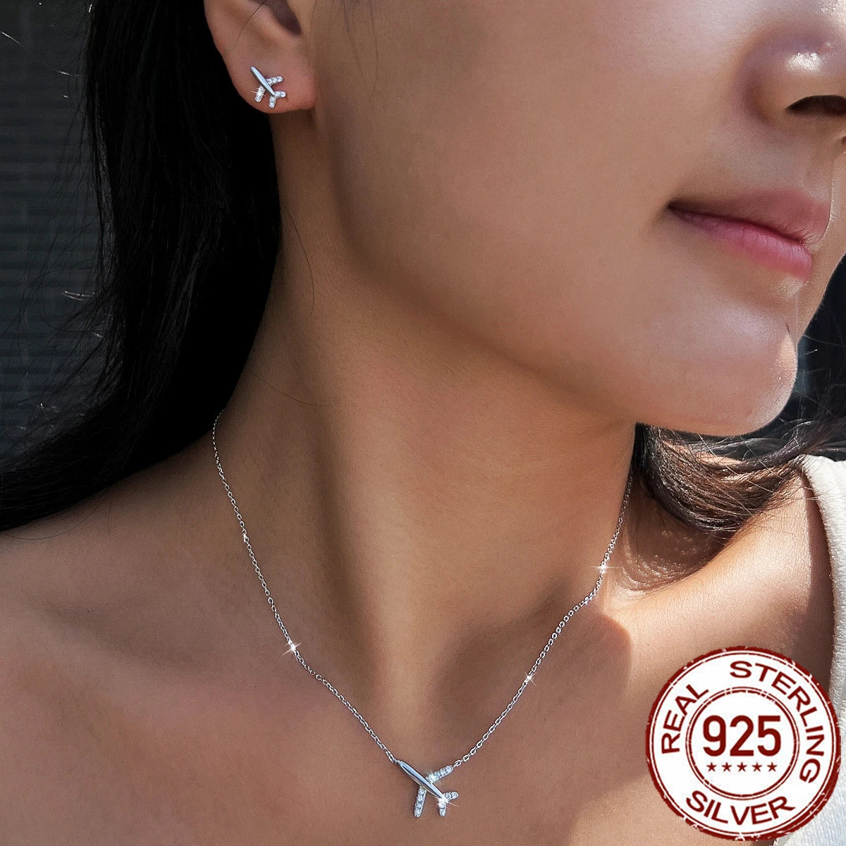 S925 Sterling Silver Jewelry Set Airplane Cubic Zirconia Pendant Necklace Stud Earrings CZ Jewelry Set for Women Girl Daily Wear
