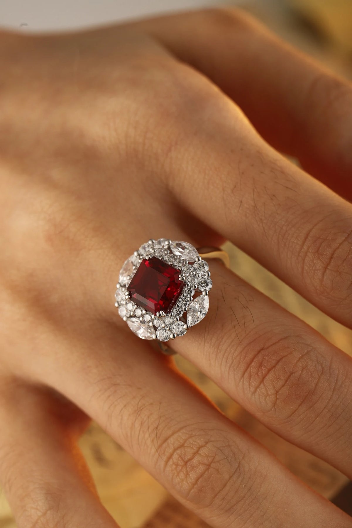 Gemfiori Hot Selling Asscher Cut Lab Grown Ruby Ring Sweet Elegant Vibe Fadeless Finish Premium Luxury High Grade Jewelry Piece