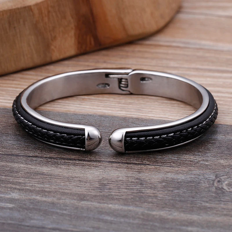 KALEN Stainless Steel Black Leather Bangle Charm Cuff Bracelets & Bangles for Men