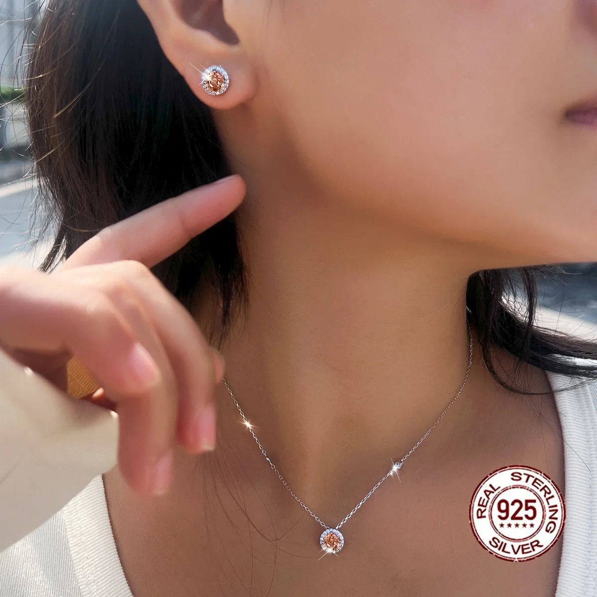 Luxurious S925 Silver Champagne Rose Flower Cut Cubic Zircon Round Design Necklace and Earring Jewelry Set for Girls Party Gifts
