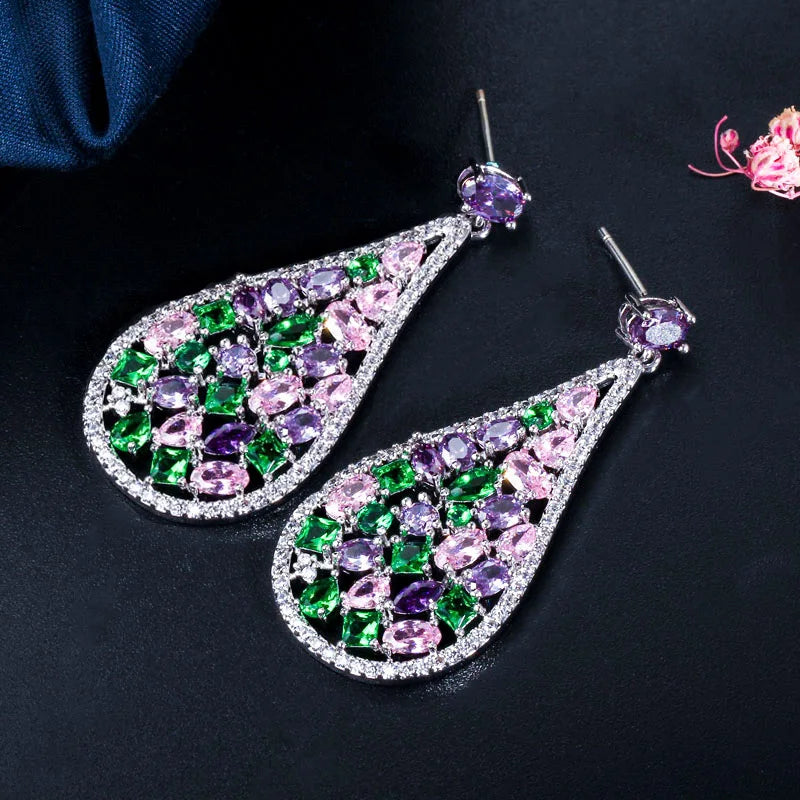 S&S Purple CZ Water Drop Dangle Earrings – Multi-Shape – 925 Silver Pin – Rhodium Plated – Collection