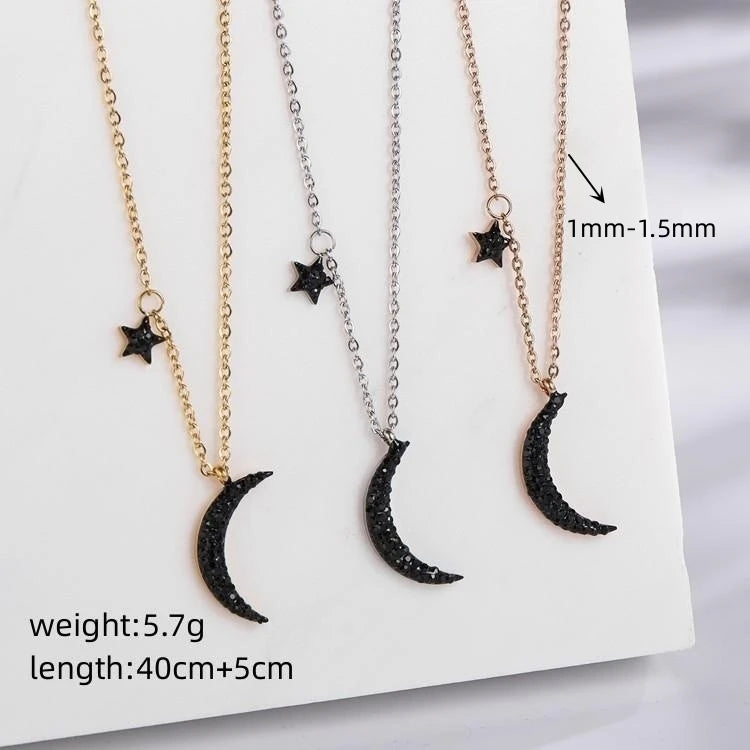 REBEL Hot Sale Women 18K Gold Plated Black Crystal Crescent Star Moon Pendant Necklace with Link Chain Stainless Steel Alloy