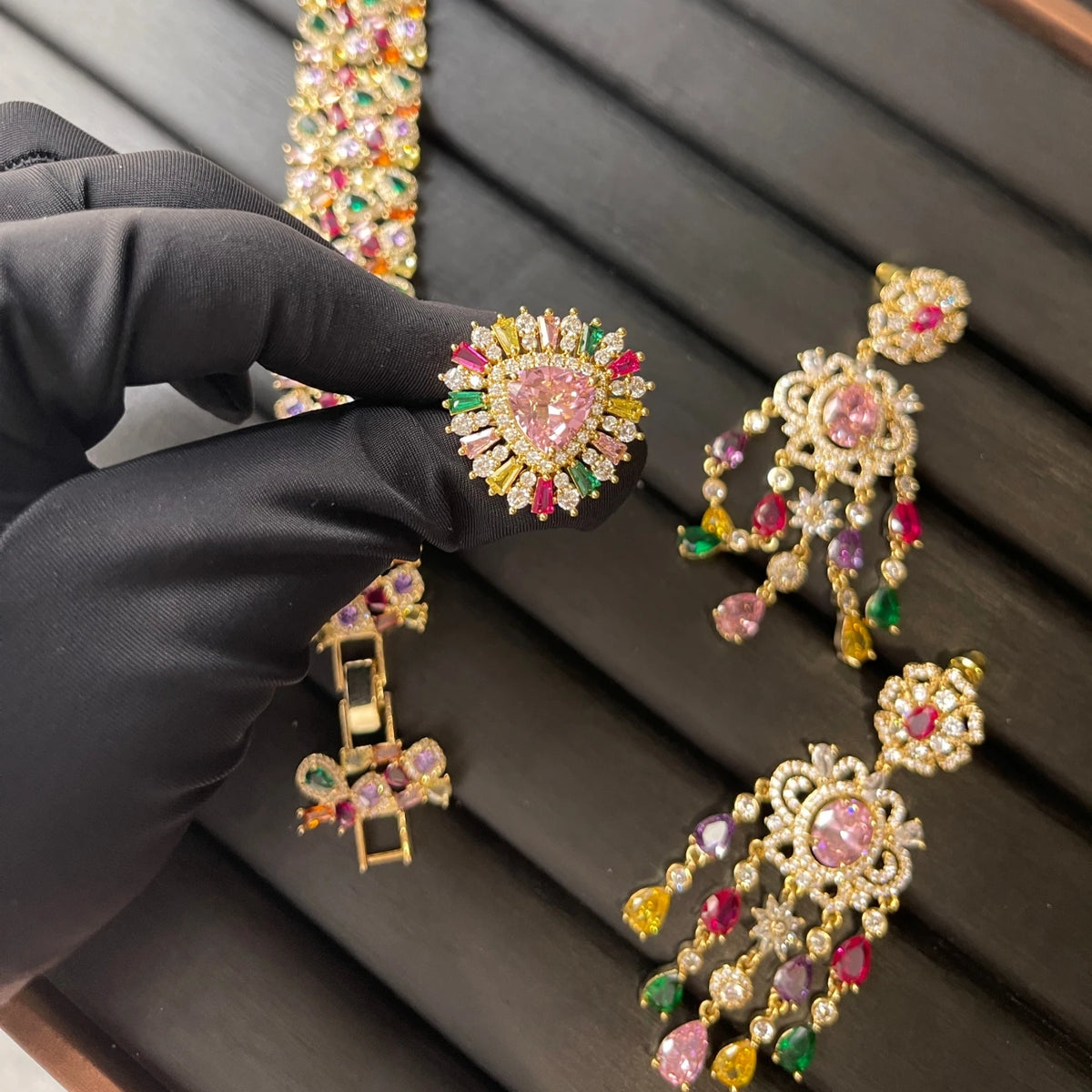 XOTICA TIANSHE Indian Luxury Colorful Zircon Jewelry Set Gold Plated Wide Bracelet Long Tassel Drop Earrings & Flower Ring