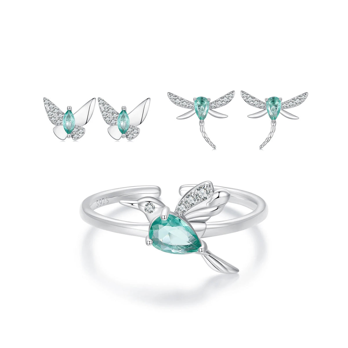 S&S 925 Silver Wings of Nature Earring & Ring Set – Hummingbird, Butterfly & Dragonfly – Platinum Plated – Collection