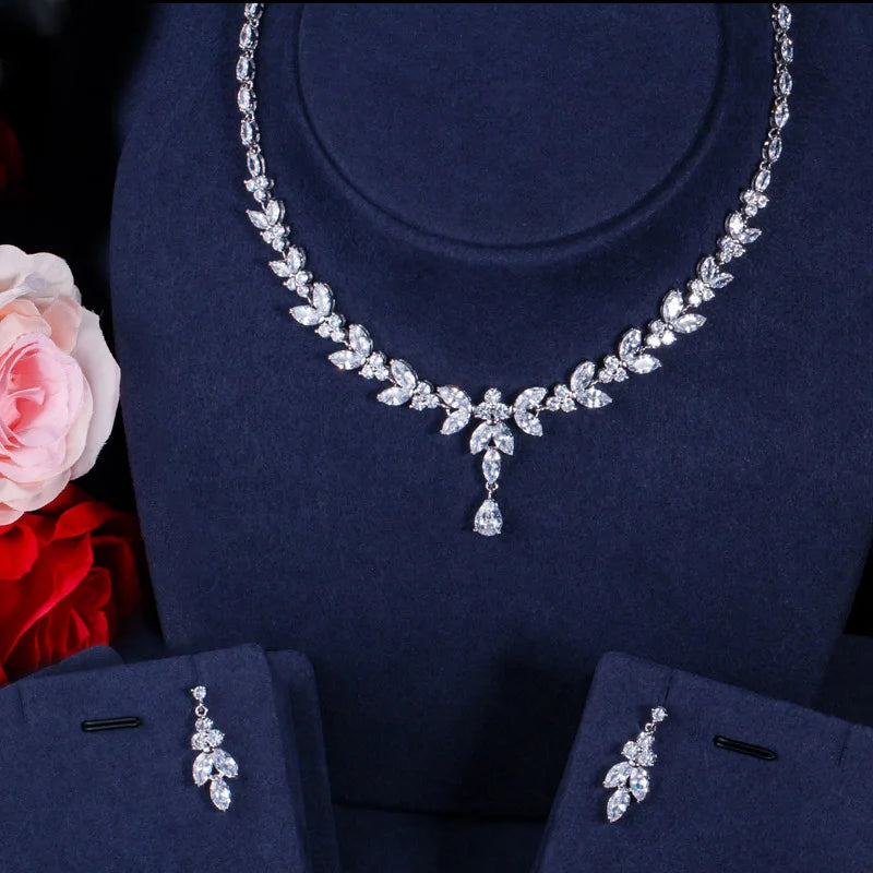 S&S CZ Leaf Bridal Jewellery Set – Dangling Earrings & Necklace – Collection