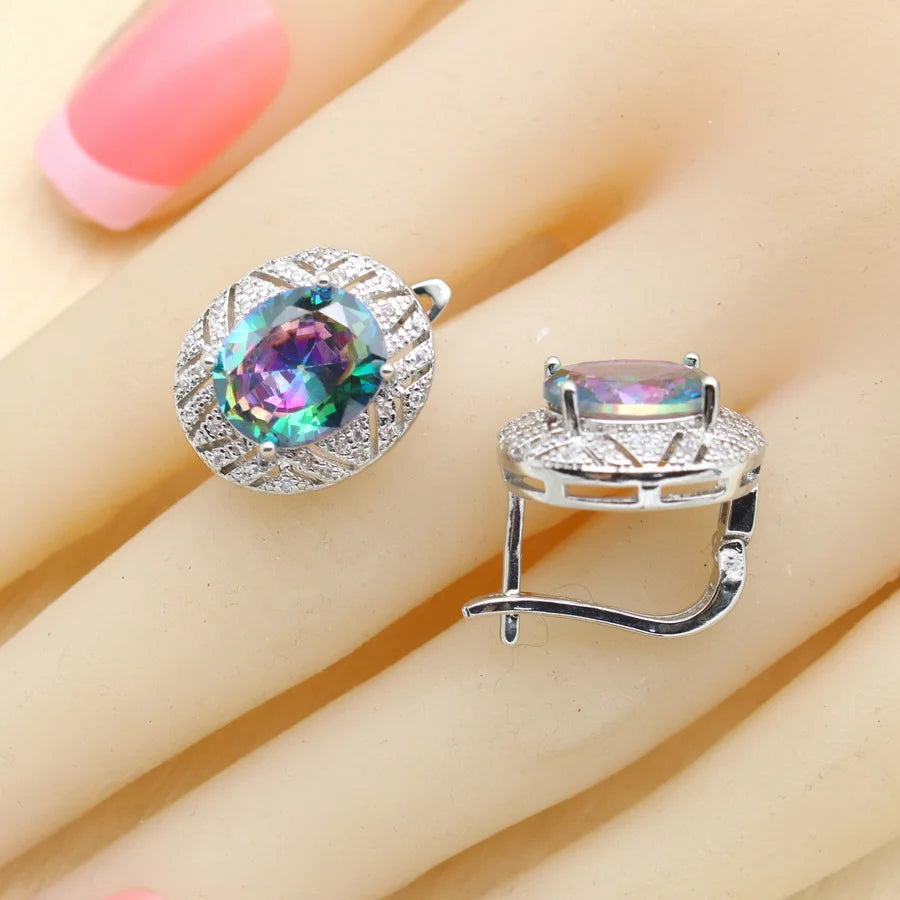 XOTICA 925 Silver Jewelry Sets for Women Rainbow Zirconia Bracelet Earrings Rings Necklace Pendant with Clip for Wedding Party Gift