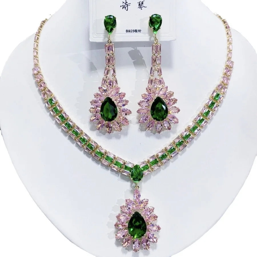 K048 Top Quality Trendy Luxury Classic Water Drop Zircon Necklace Earrings Set Elegant Women's Jewelry Set