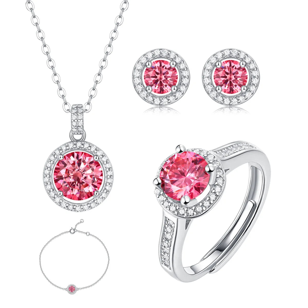 Multi Color Round VVS Moissanite 4Pcs Halo Jewelry Set Adjustable Ring Pendant Necklace Stud Earrings Bracelet S925 Silver Sets