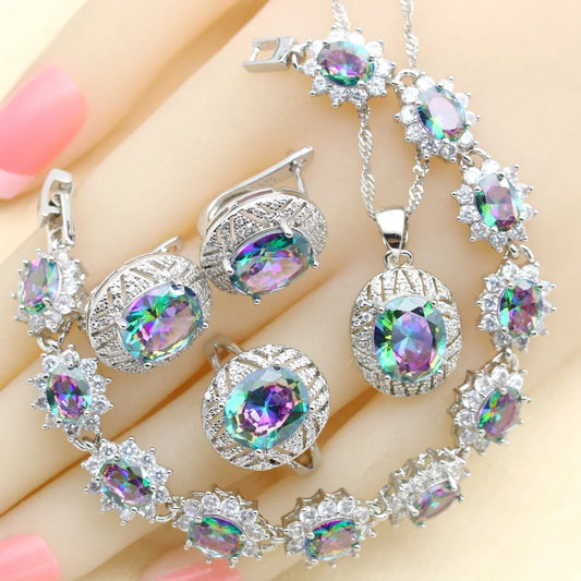 925 Silver Jewelry Sets for Women Rainbow Zirconia Bracelet Earrings Rings Necklace Pendant with Clip for Wedding Party Gift