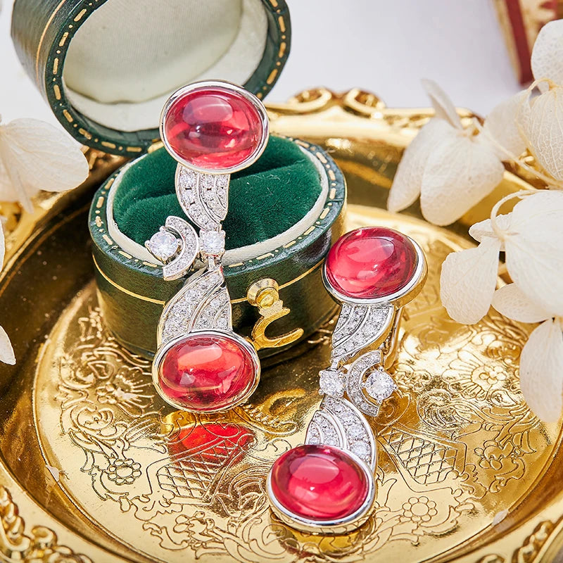 Brass Ruby Necklace Earring Rose Gold Set Anti Allergy High Quality Chain Gorgeous Women's Evening Dress Jewelry