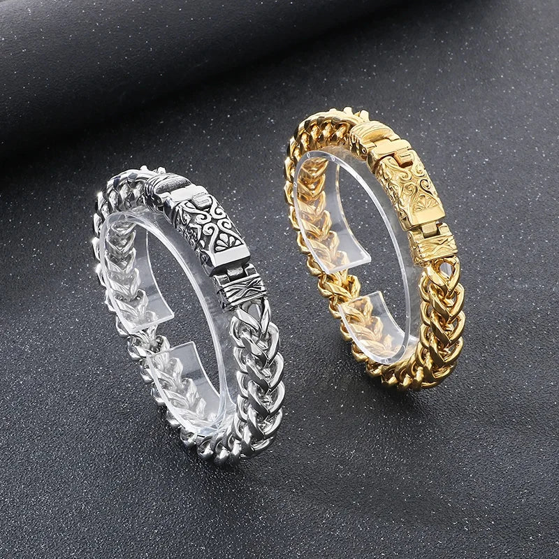 KALEN Gothic Patterns Fine Jewelry Fashion Bracelets Men Stainless Steel Herringbone Links Bracelet Bangle
