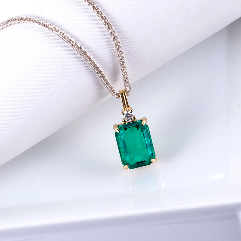 Messi Jewelry MSN-617 925 Silver Pendant Necklace Emerald Cut Lab Grown Emerald Necklace