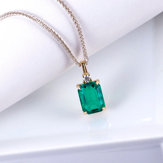 Messi Jewelry MSN-617 925 Silver Pendant Necklace Emerald Cut Lab Grown Emerald Necklace