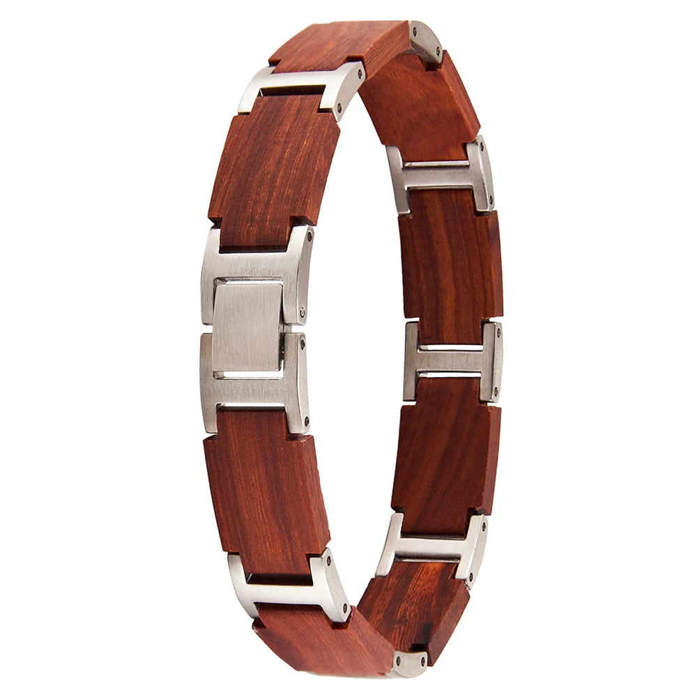 REBEL Personalized Custom Name Engraved Stainless Steel & Wooden Chain Link Casual/Sporty Bracelet Gift Men Women Model S03