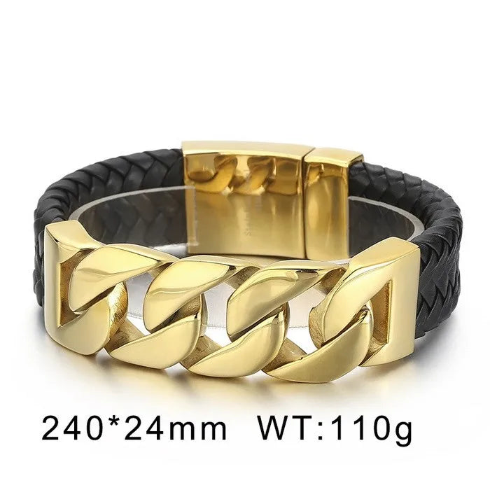 REBEL 240mm Punk Leather&Stainless Steel Cuban Links Bangle Bracelet