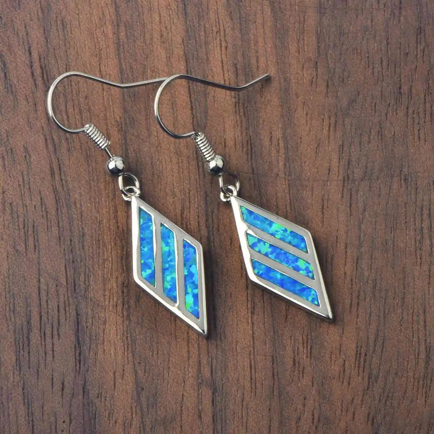 Geometric Opal Drop Earrings - Blue Fire Opal Solitaire & CZ Accent Design | Elegant Formal Jewelry Bulk Gifts