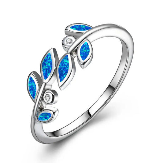 Flower-Shaped Blue Opal Twisted Tiny Ring | Iridescent Gem Inlay Band | Modern Silver/Gold Plated Women's Trendy Fashion Jewelry