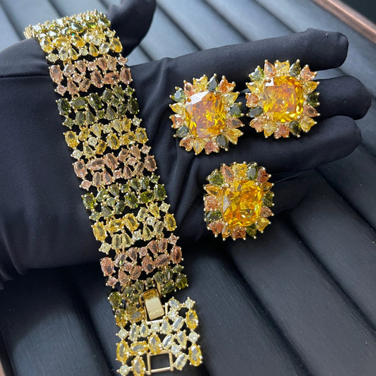TIANSHE Luxury Yellow Jewelry 3Pcs Set Bracelet Earrings Ring Banquet Party Accessories For Women