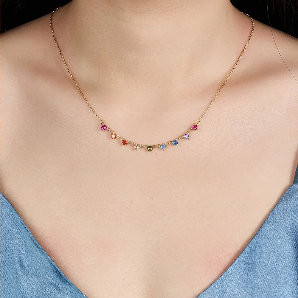 Hypoallergenic Women's Girls 925 Sterling Silver Necklace Gold Plated Rainbow Zirconia Party Choker Jewelry Wholesale Bulk