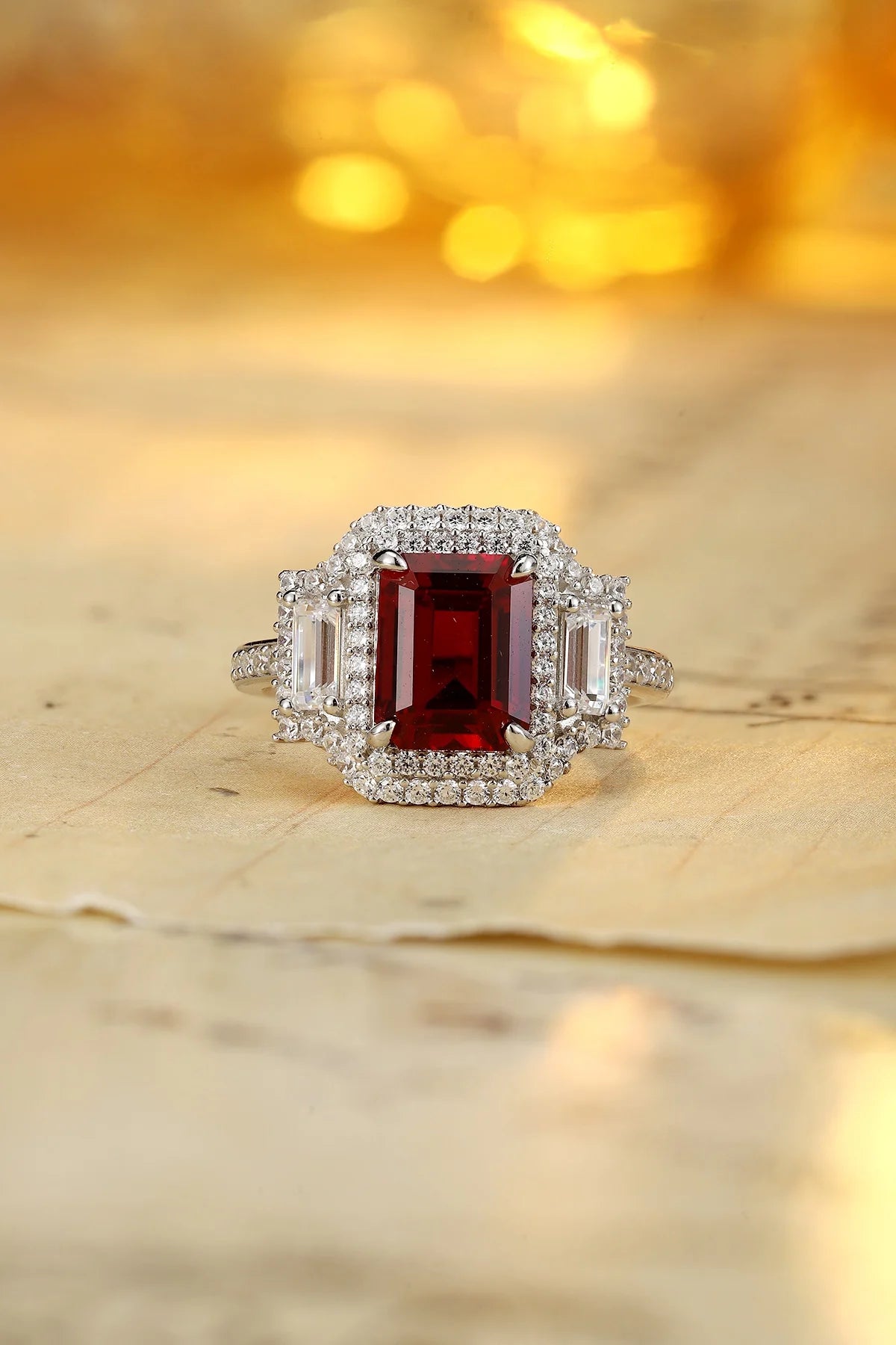 Gemfiori Retro-style Ruby Engagement Ring Sterling Silver 925 Rhodium Plated Prong Setting Vintage Wedding Ring for Her Gift & Party