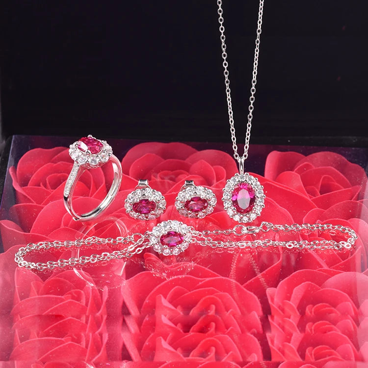 S&S 925 Silver Lab-Grown Ruby Jewellery | 18K White Gold Plated | Ring, Earrings, Pendant, Bracelet or Full Set