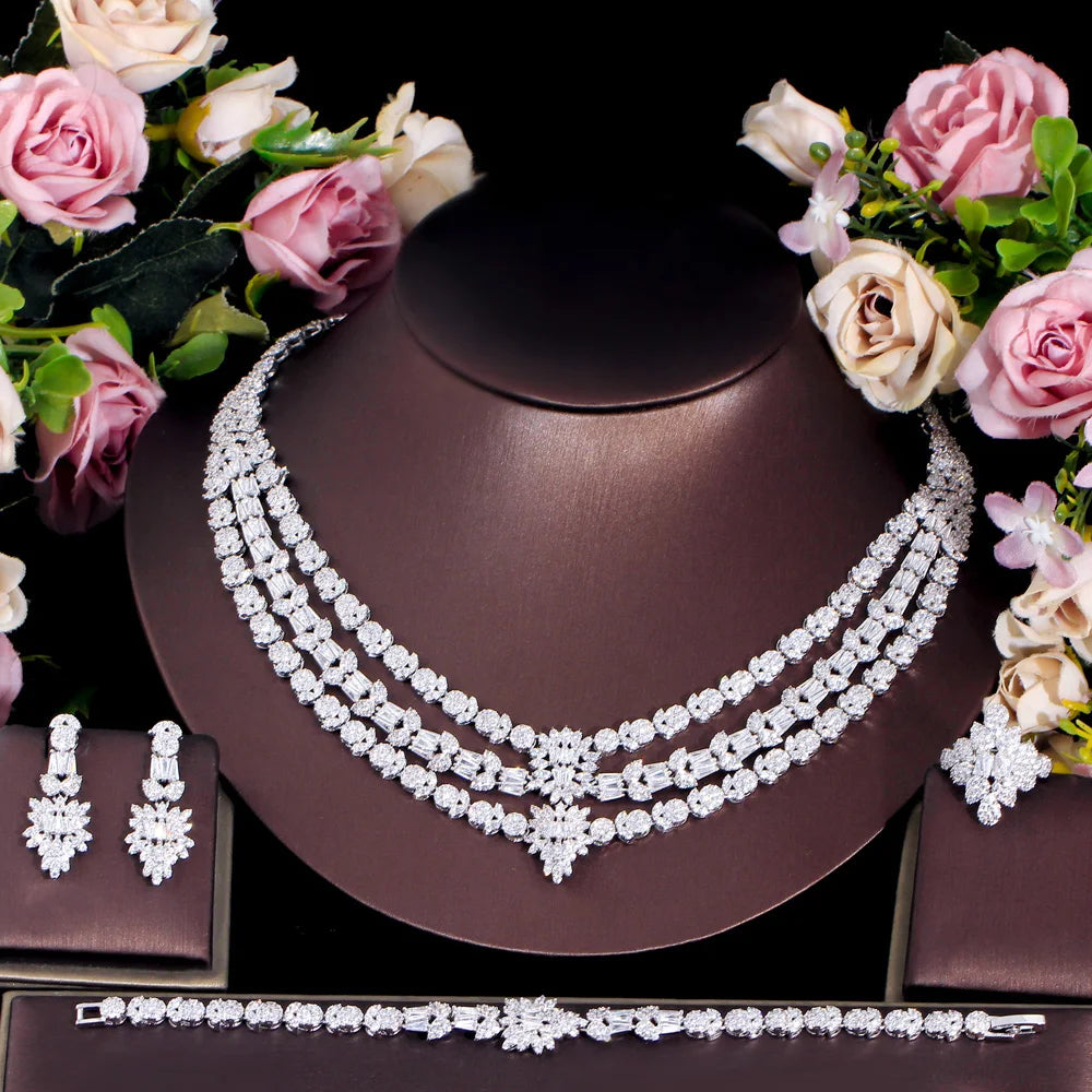 4pcs Necklace Earrings Bracelet Ring Women Zirconia Multiple Layer Wedding Jewelry Set for Bridal Luxury Costume Accessories