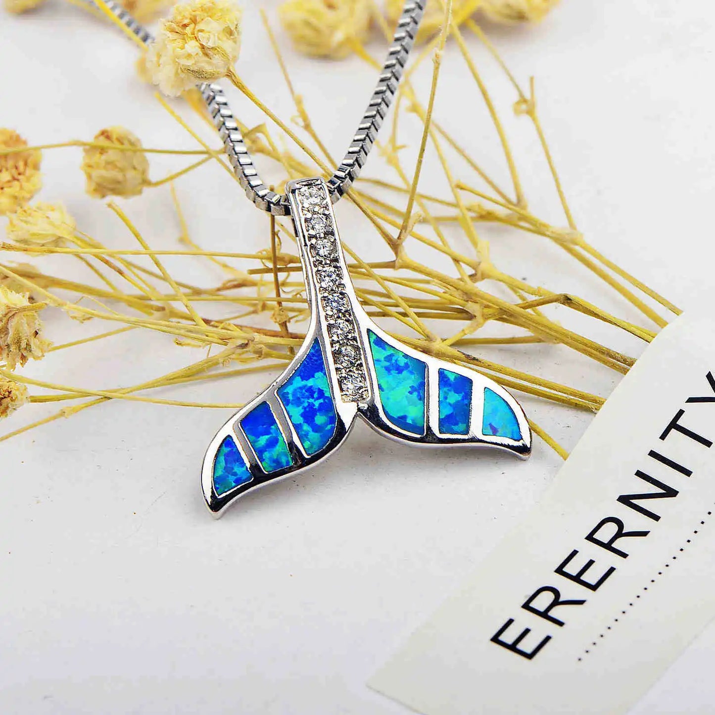 Copper Silver Plated Trendy Christian Hawaiian Animal Blue Opal Whale Tail Fish Tail Pendant Box Chain Anniversary Necklace