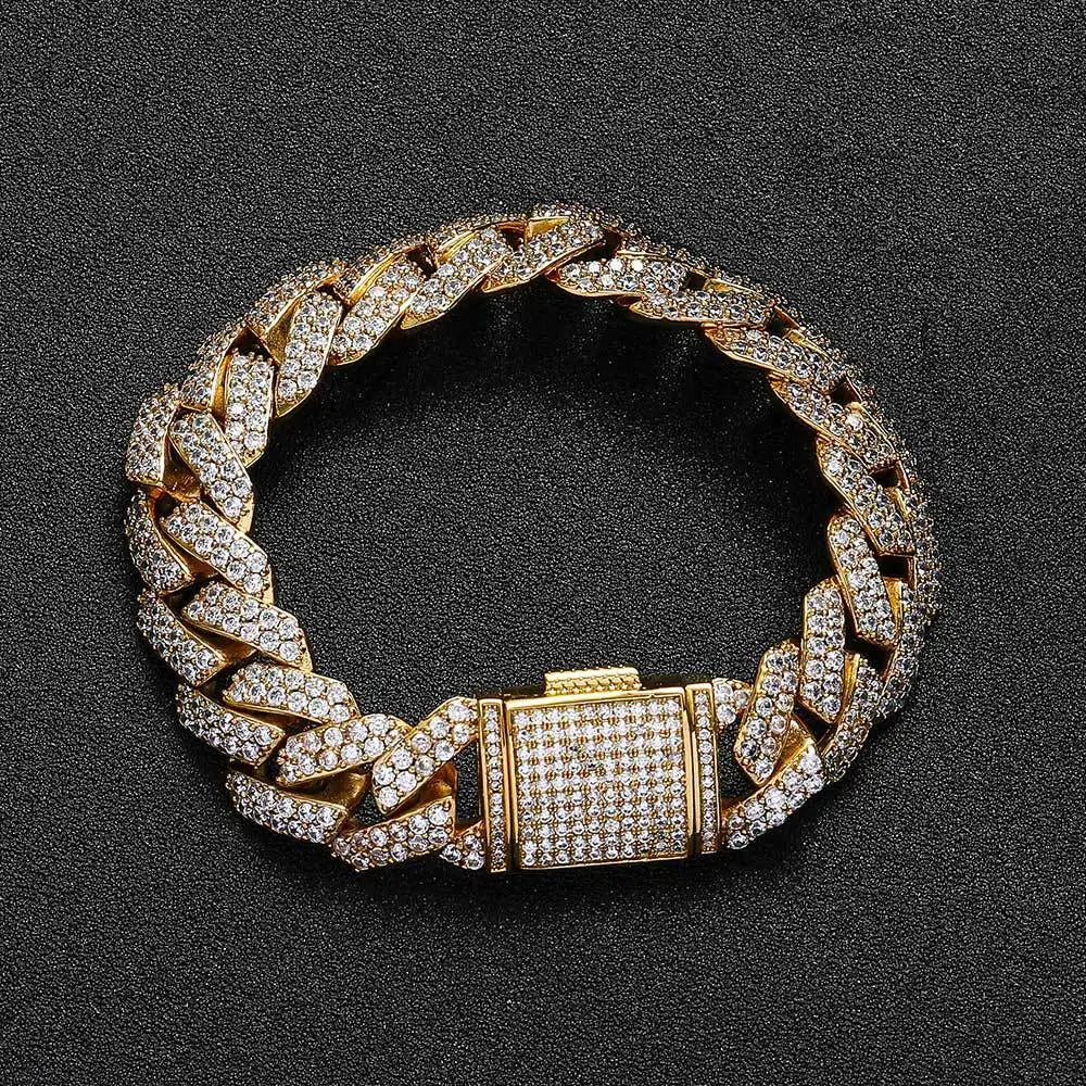 Wholesale Hip Hop 10mm 12mm 14mm 15mm 20mm Zircon 18k Gold Plated Bracelet Men Cuban Link Bracelet Homme Iced Out Bracelets