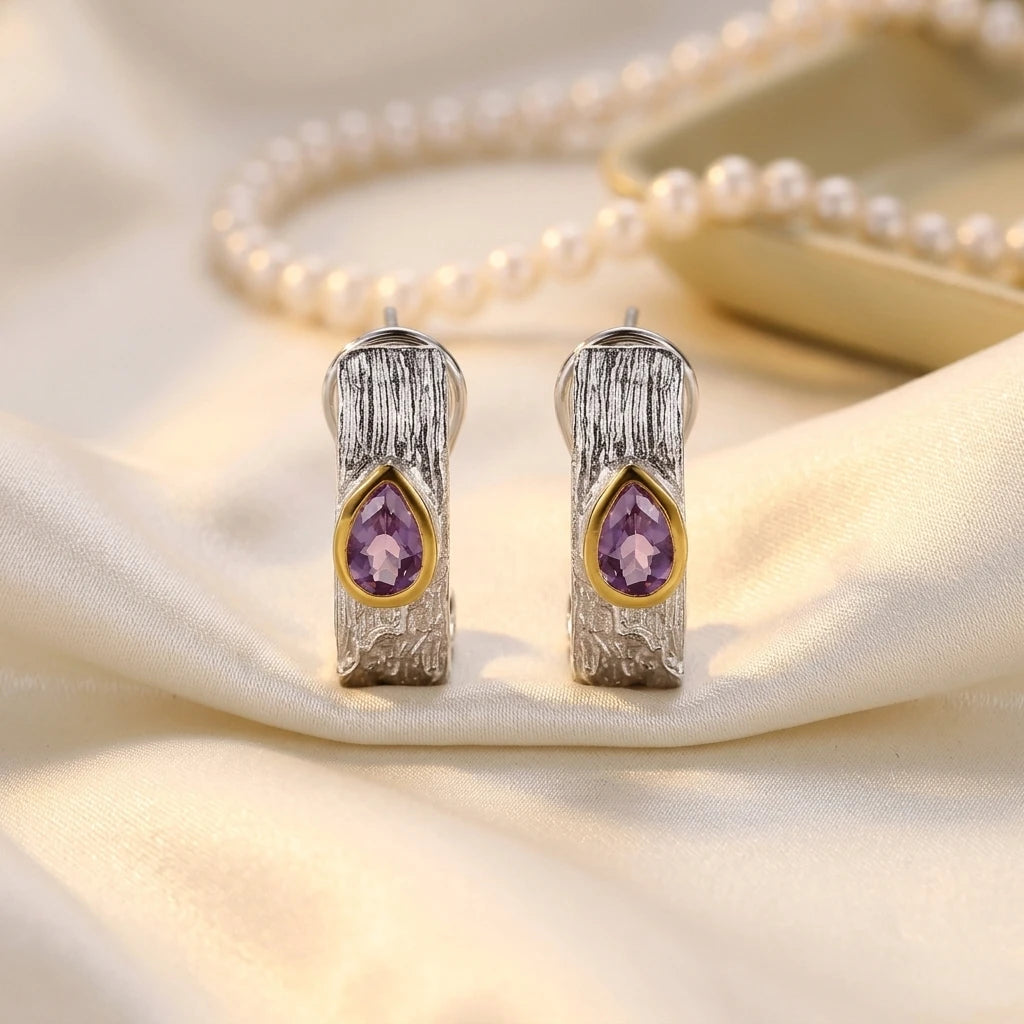 Bark Grain Amethyst Stone 925 Sterling Silver Vintage Pendant Earrings with 18K Gold Plated Finish for Women