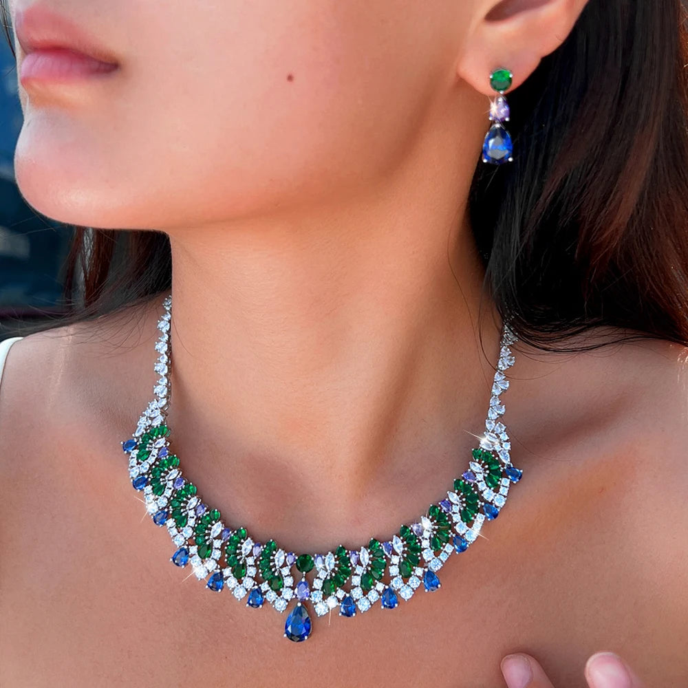 Vintage Shiny Blue Green Cubic Zirconia Necklace Earrings Luxury Water Drop Bridal Wedding Evening Party Jewelry Set for Women