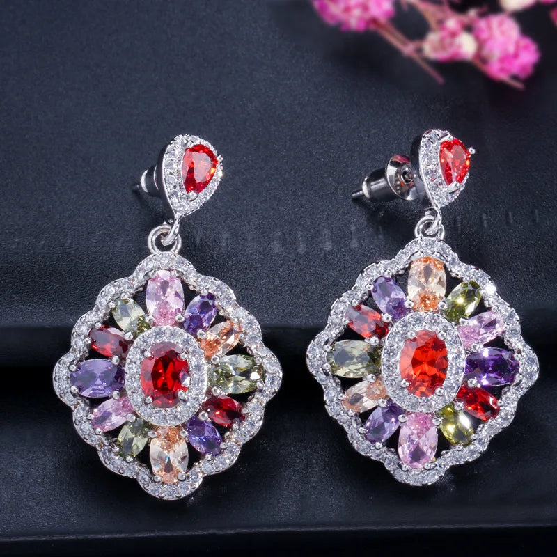 XOTICA Luxurious 925 Silver Drop Earrings for Women Multicolor Zirconia Wedding & Party Jewelry Earings-for Gift